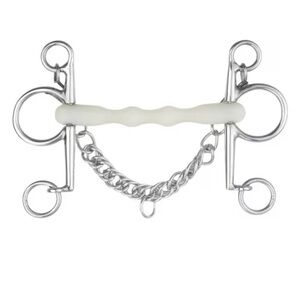 New With Tags 5.0 Inch Mullen Shaped Rubber Happy Mouth Pelham With Curb Chain.